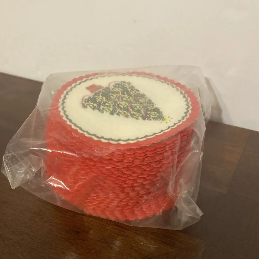 46 Vtg Christmas Paper Drink Coasters Christmas Tree Red Scalloped Edge